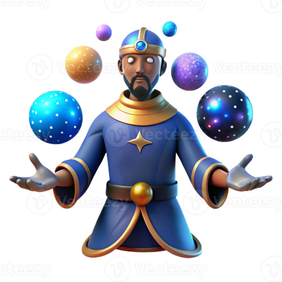 serene rustic 3D Render Mystic Wizard with Glowing Orbs premium png