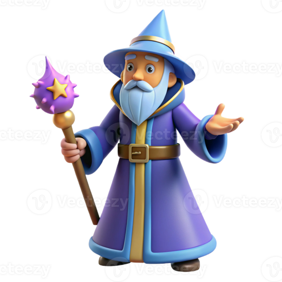 serene artistic 3D Cartoon Wizard with Staff Illustration 4K png