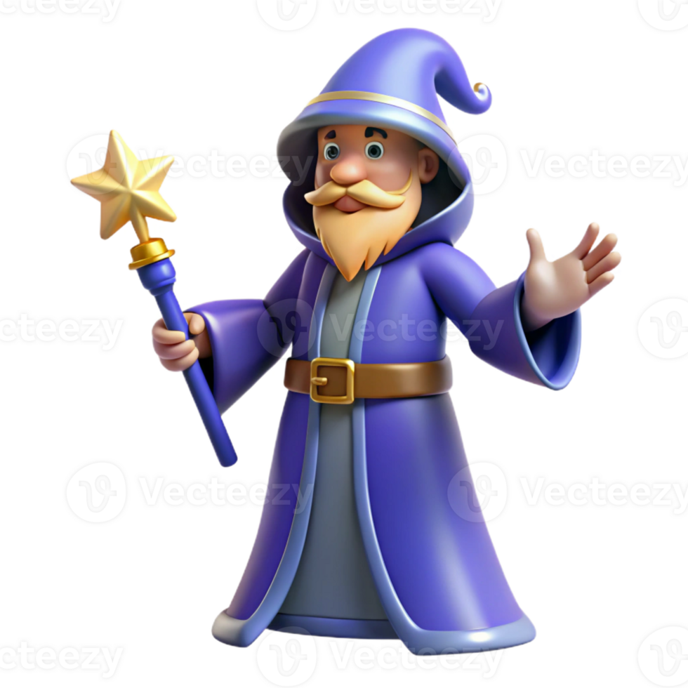 dramatic artistic 3D Cartoon Wizard with Magic Wand high resolution png
