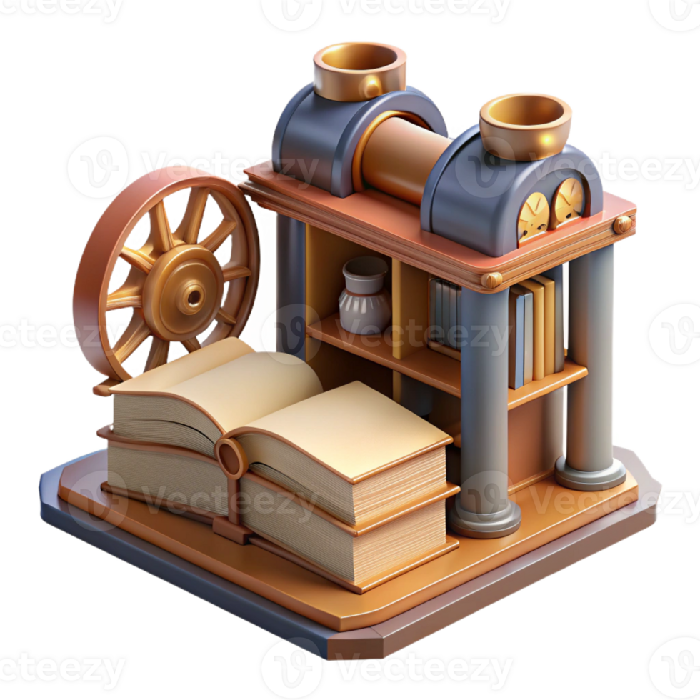 serene rustic 3D Illustration of Book Press Machine with Bookshelf high quality png