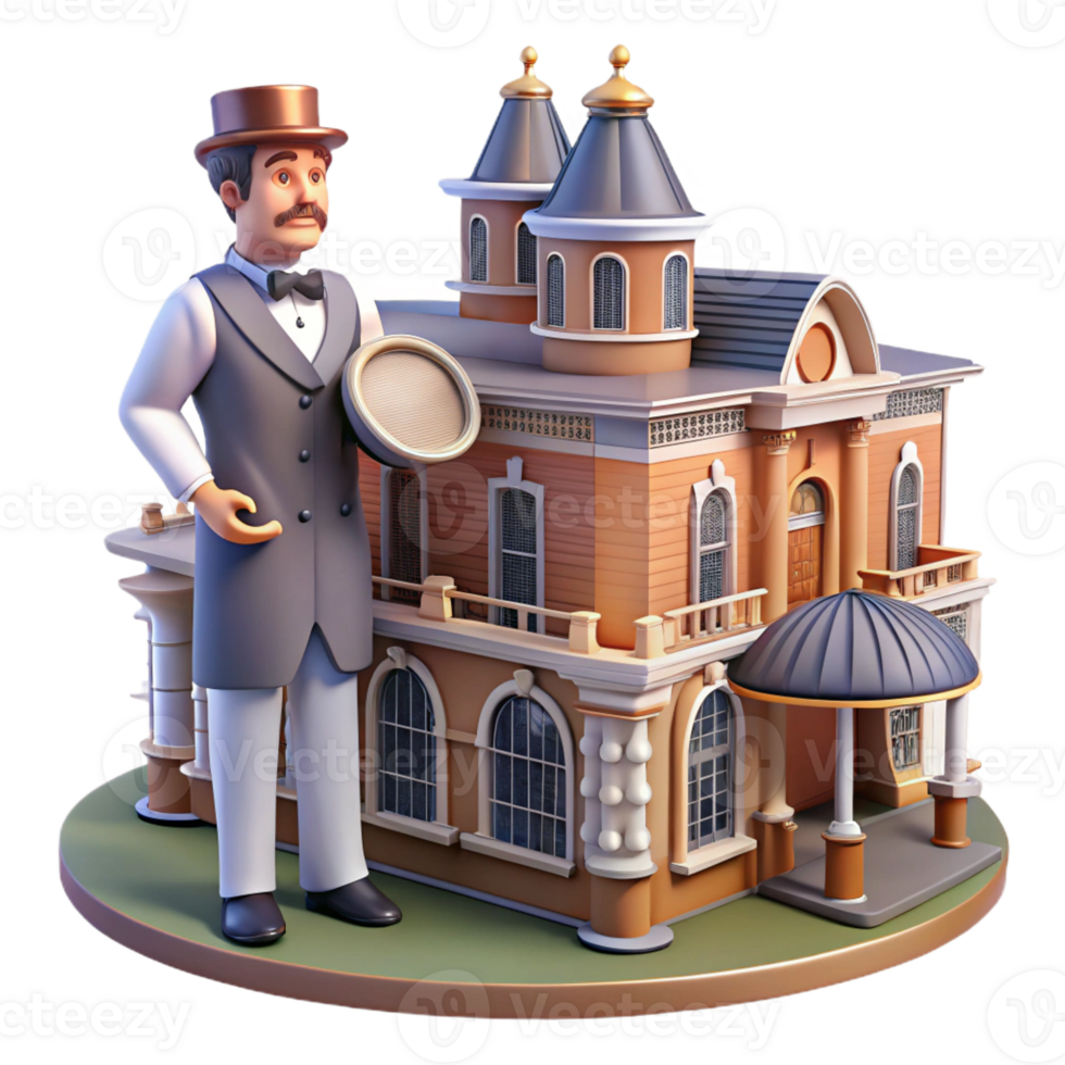 wonderful rustic 3D Render of Vintage Building and Gentleman exclusive png