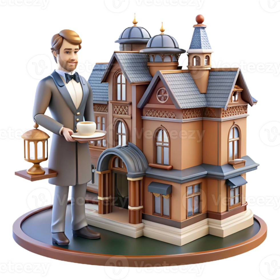 extraordinary classic 3D Illustration Butler Serving Tea at Grand Mansion exclusive png