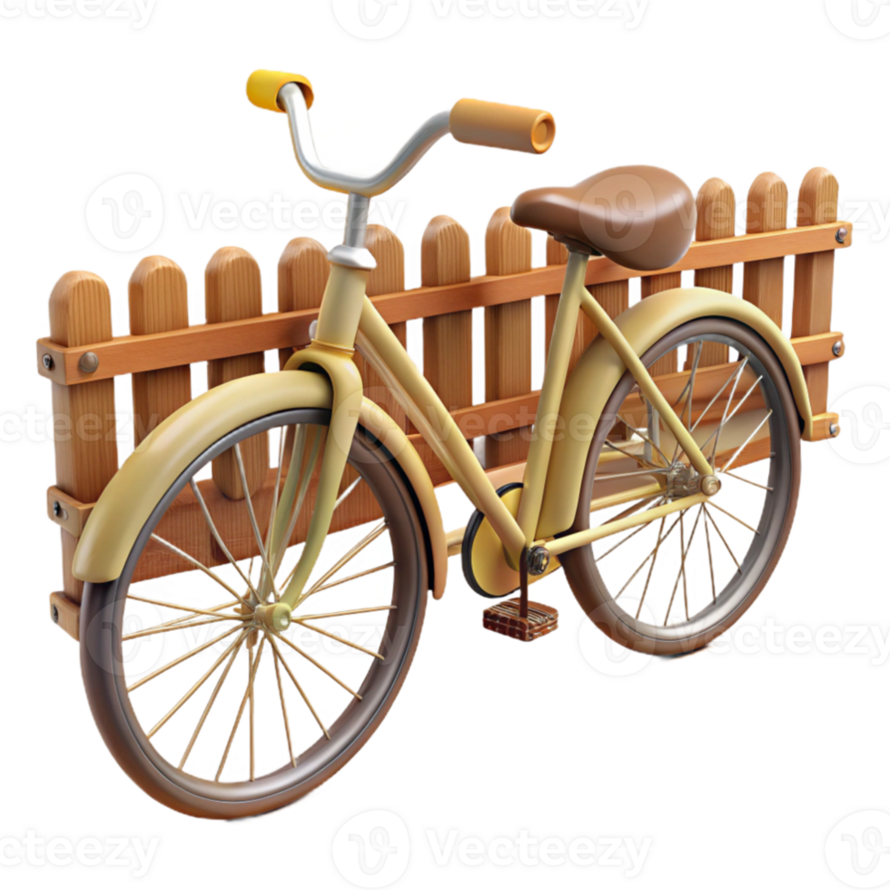 wonderful rustic Cream Bicycle 3D Render near Wooden Fence authentic png