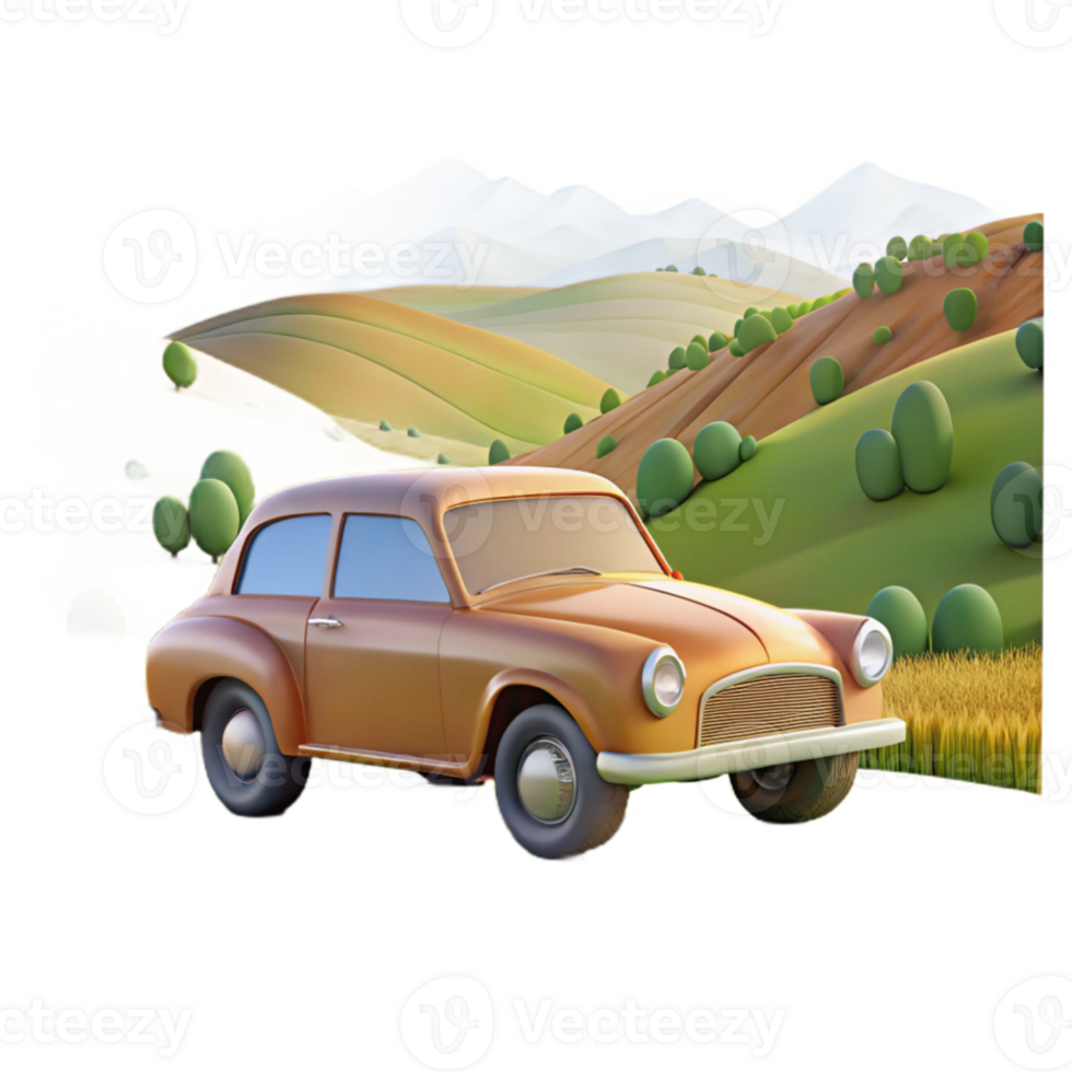 beautiful minimalist Cartoon Car on Scenic Hillside 3D Render high quality png