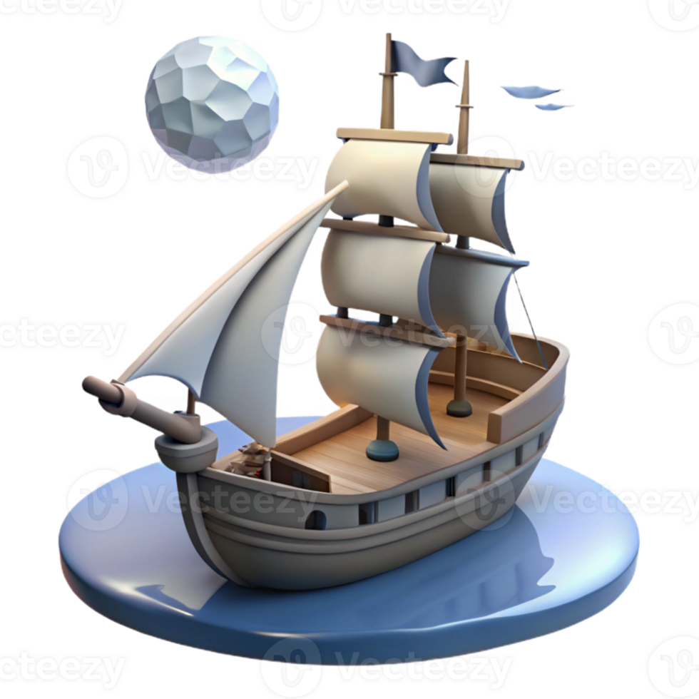 dramatic abstract 3D Model Wooden Sailing Ship under Moon premium png
