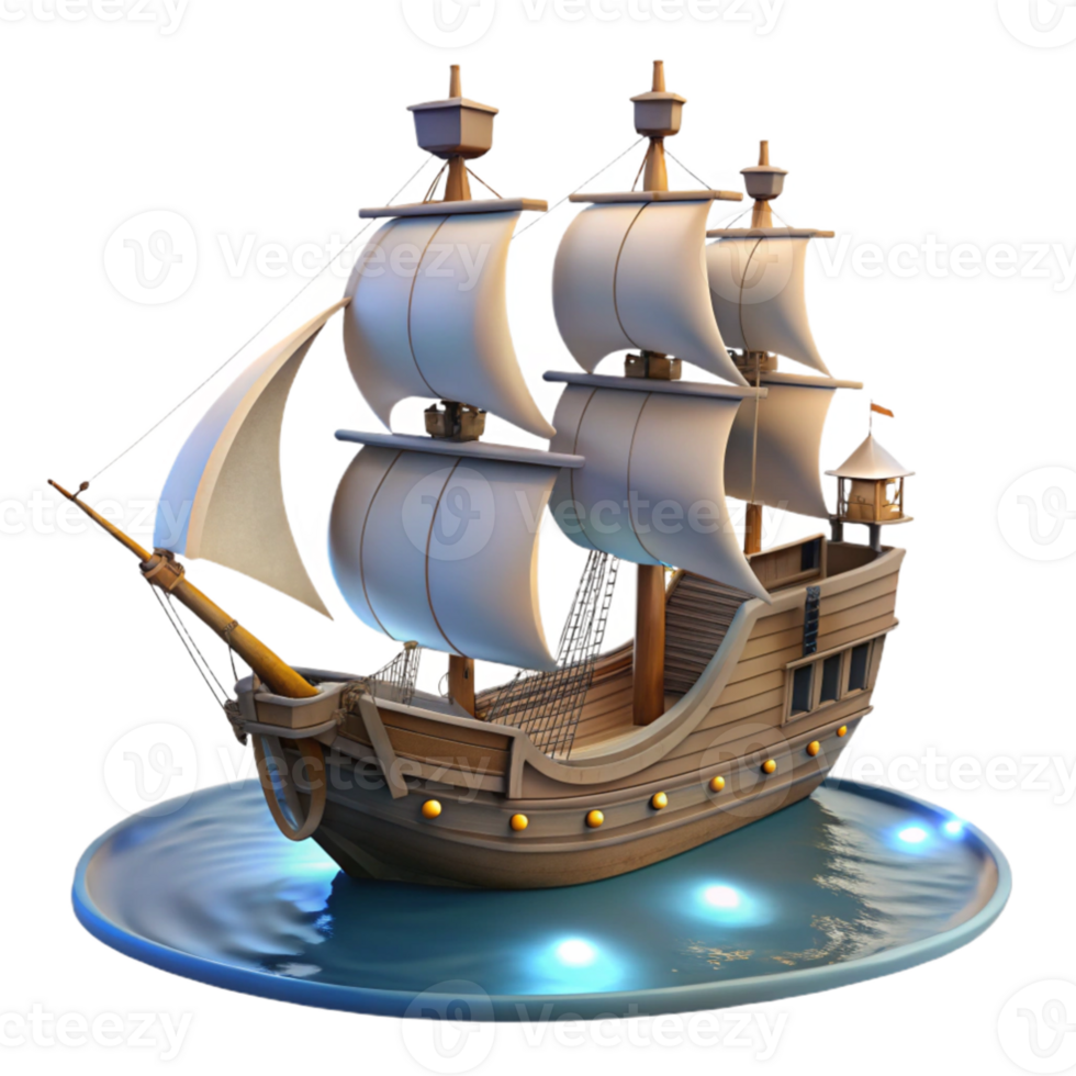 elegant minimalist 3D Model Galleon Ship on Water detailed png