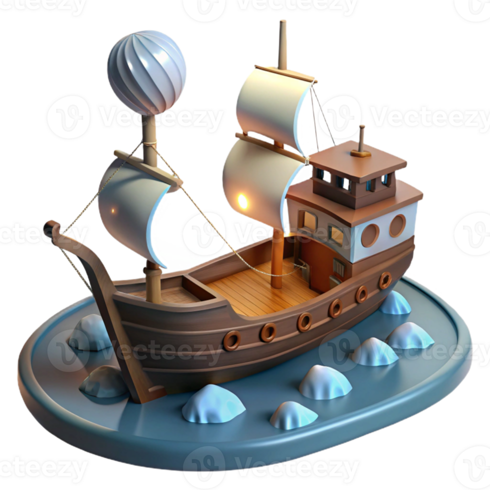 elegant creative Cartoon Sailing Ship 3D Render detailed png
