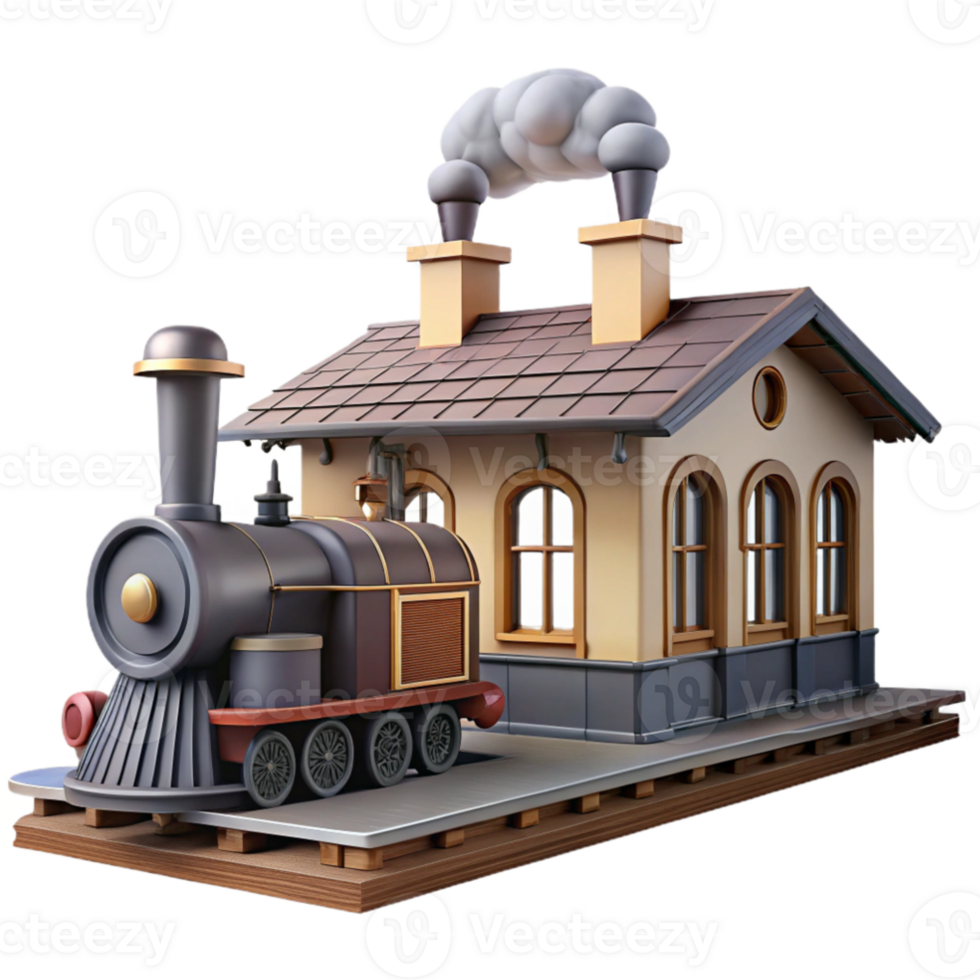elegant classic Cartoon Train at Station 3D Render 4K png