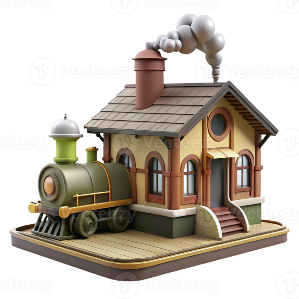 extraordinary traditional Charming 3D Render of Train Station and Locomotive original png