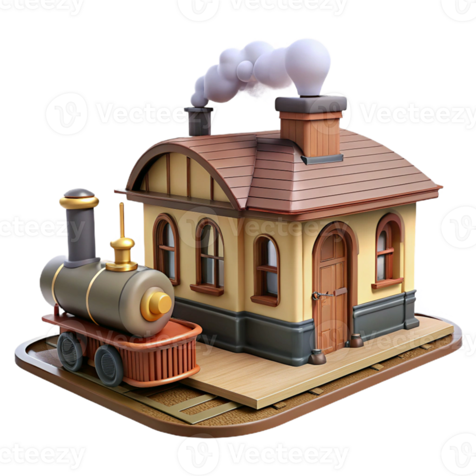 dramatic rustic Charming 3D Render Train Station and Locomotive premium png