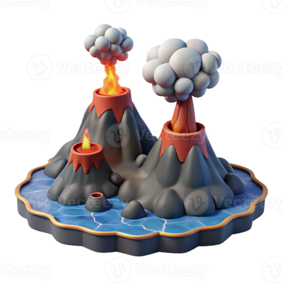 magnificent artistic Cartoon Volcano Island 3D Render detailed png
