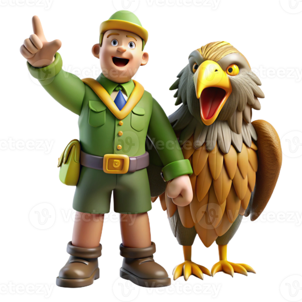 serene classic 3D Cartoon Ranger and Eagle Illustration authentic png