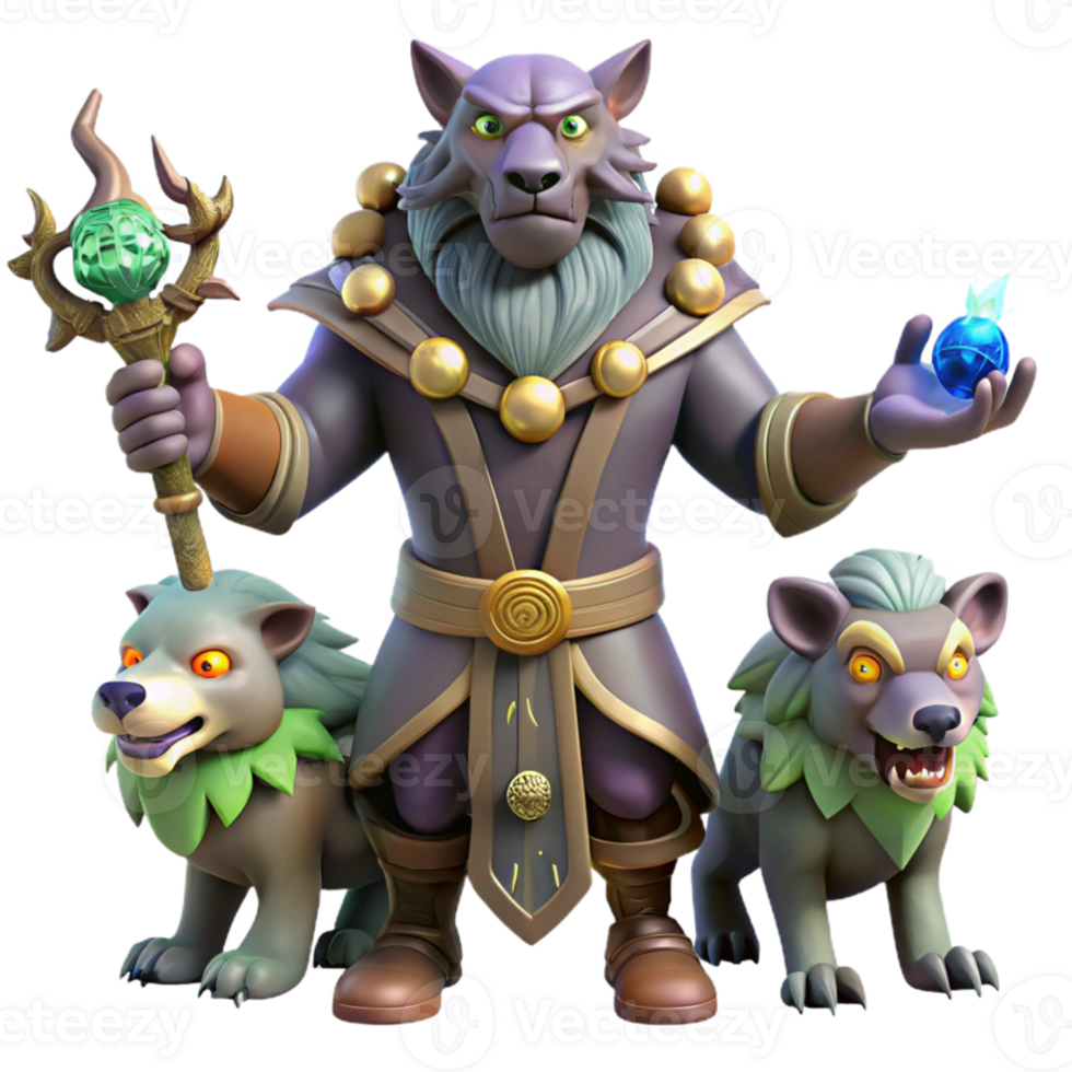 vibrant artistic 3D Render Wolf Wizard and Companions professional png