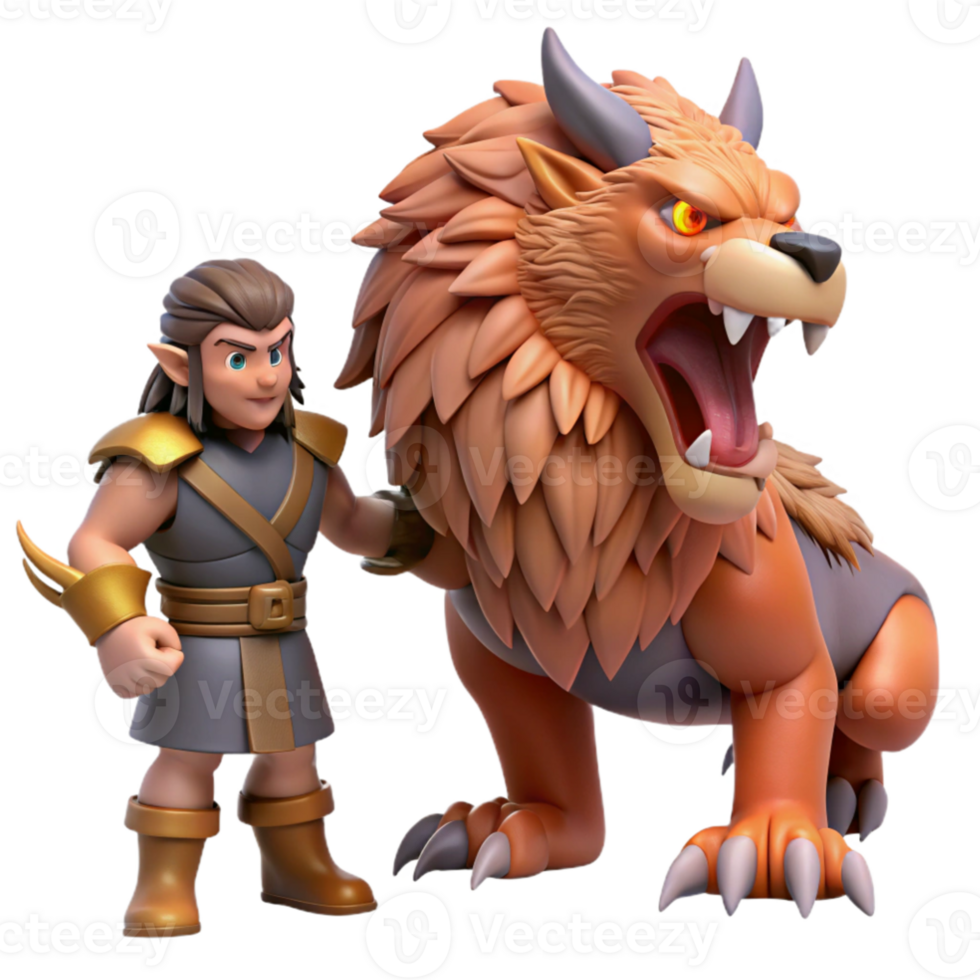 beautiful abstract 3D Render Fantasy Warrior and Lion original png