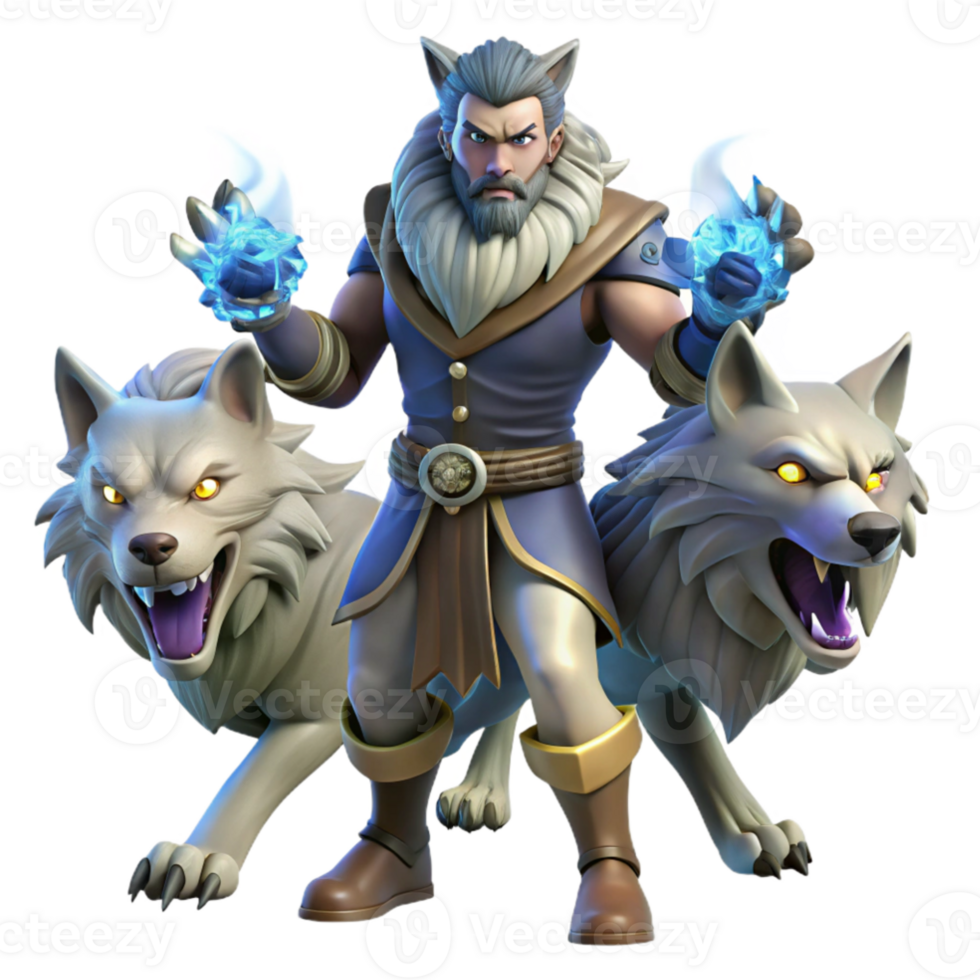 serene classic 3D Render Fantasy Mage with Wolves authentic png