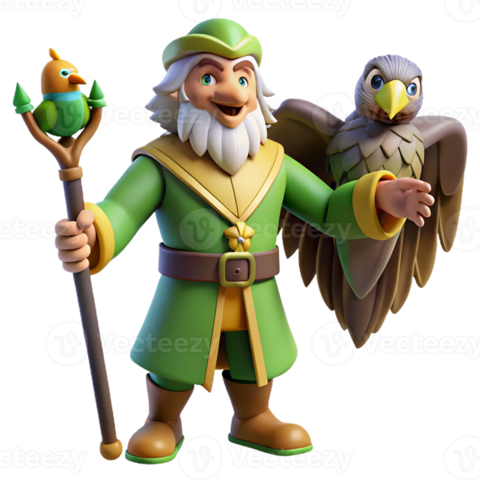 impressive traditional 3D Cartoon Wizard with Birds 4K png