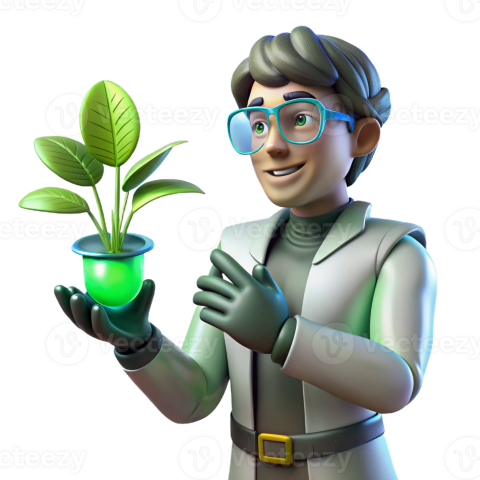 vibrant rustic 3D Illustration Scientist Holding Plant high quality png