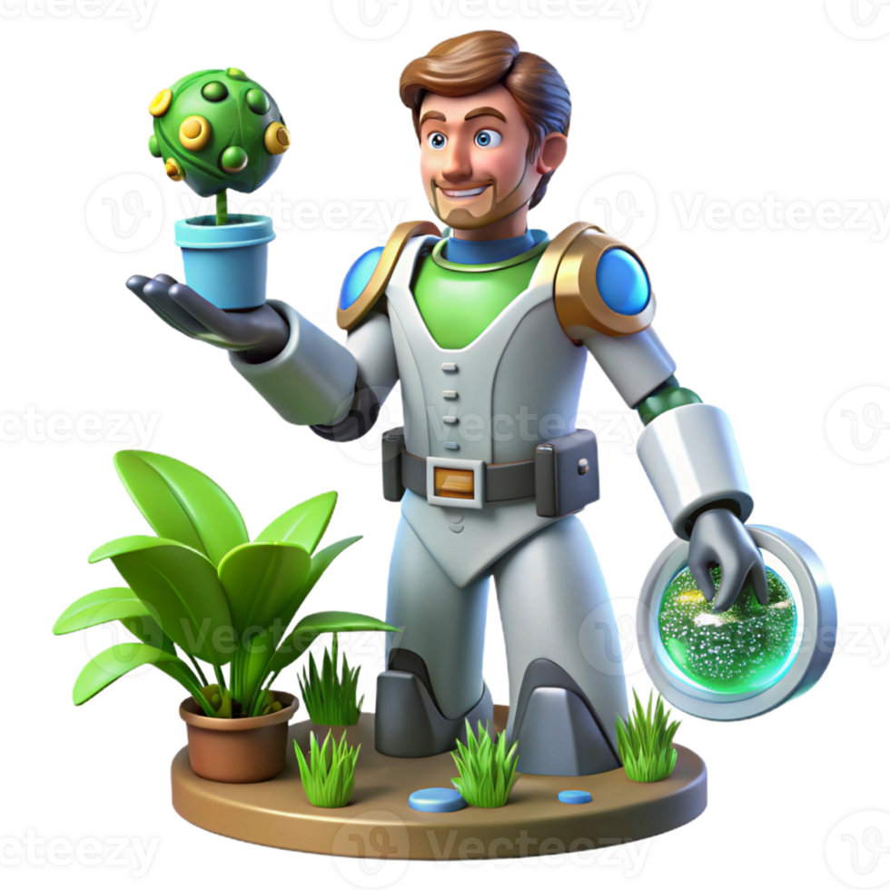 beautiful modern 3D Illustration Botanist Astronaut Exploring Alien Flora detailed png