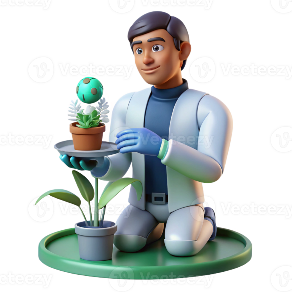 elegant minimalist 3D Illustration Scientist Kneeling with Plants professional png
