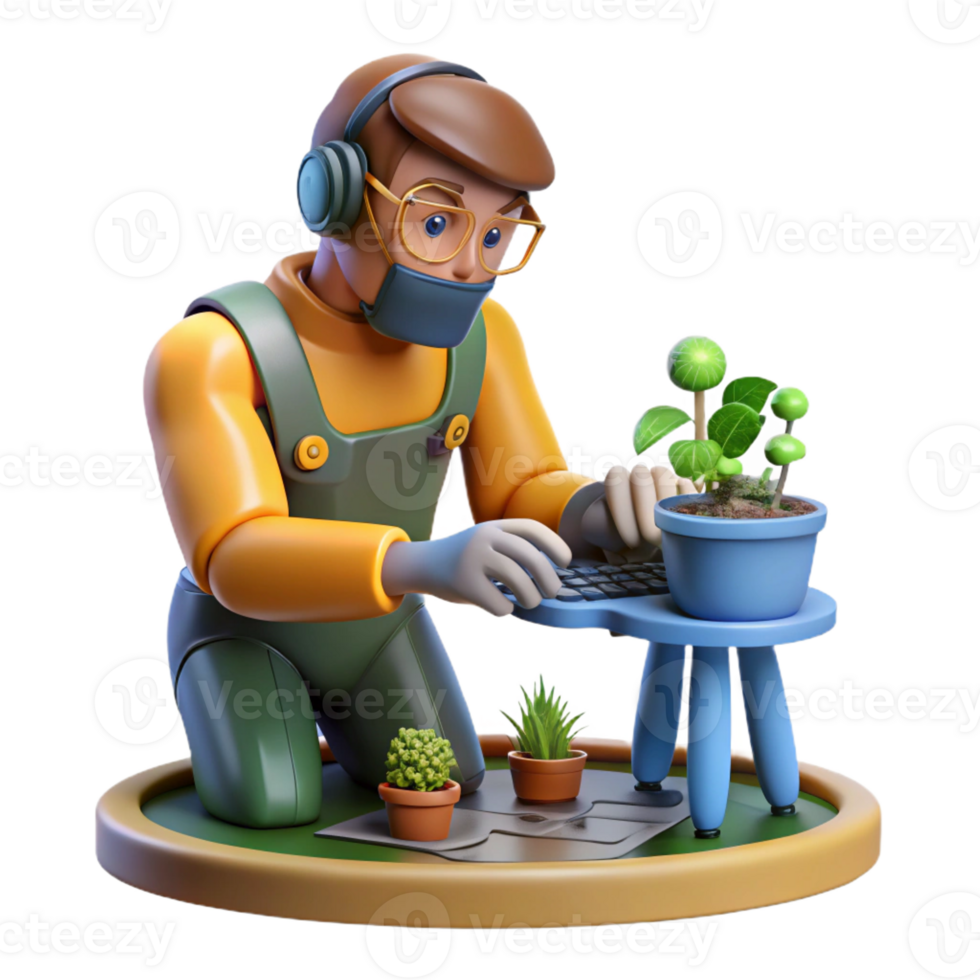 impressive abstract 3D Illustration Gardener Working Online premium png