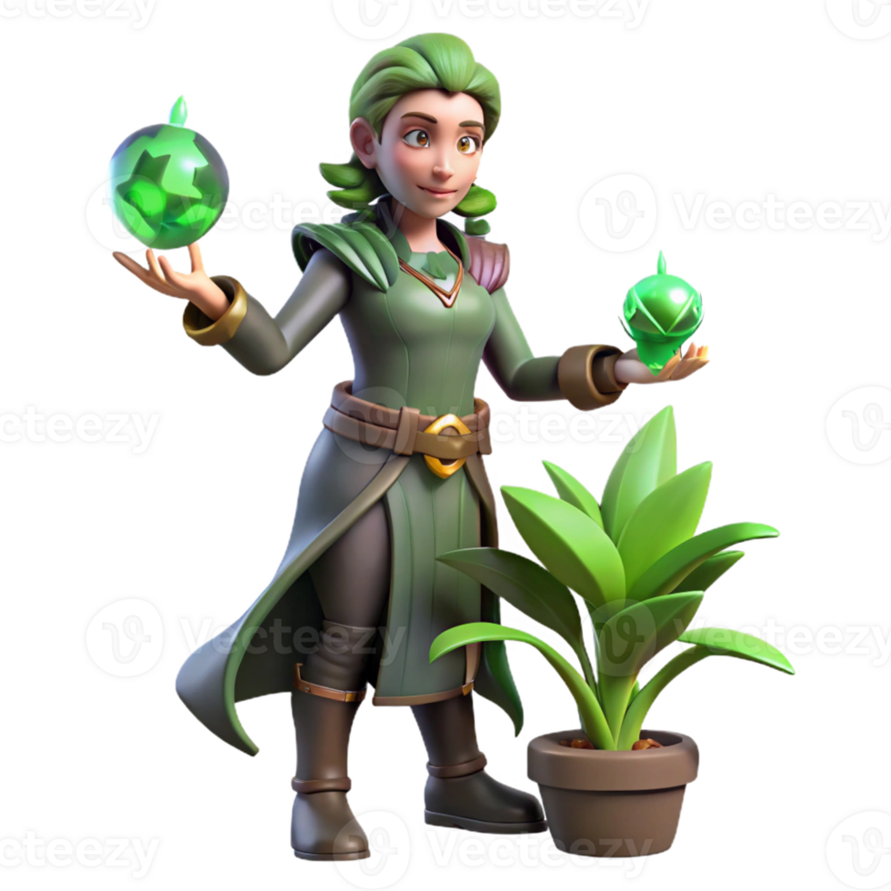 elegant contemporary 3D Render Green Witch Fantasy Character genuine png