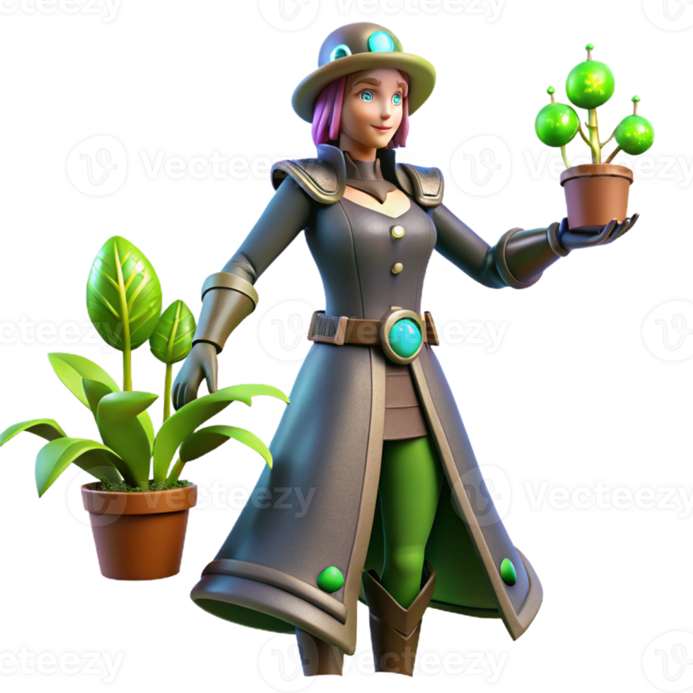 elegant modern 3D Render of Female Botanist with Plants high quality png