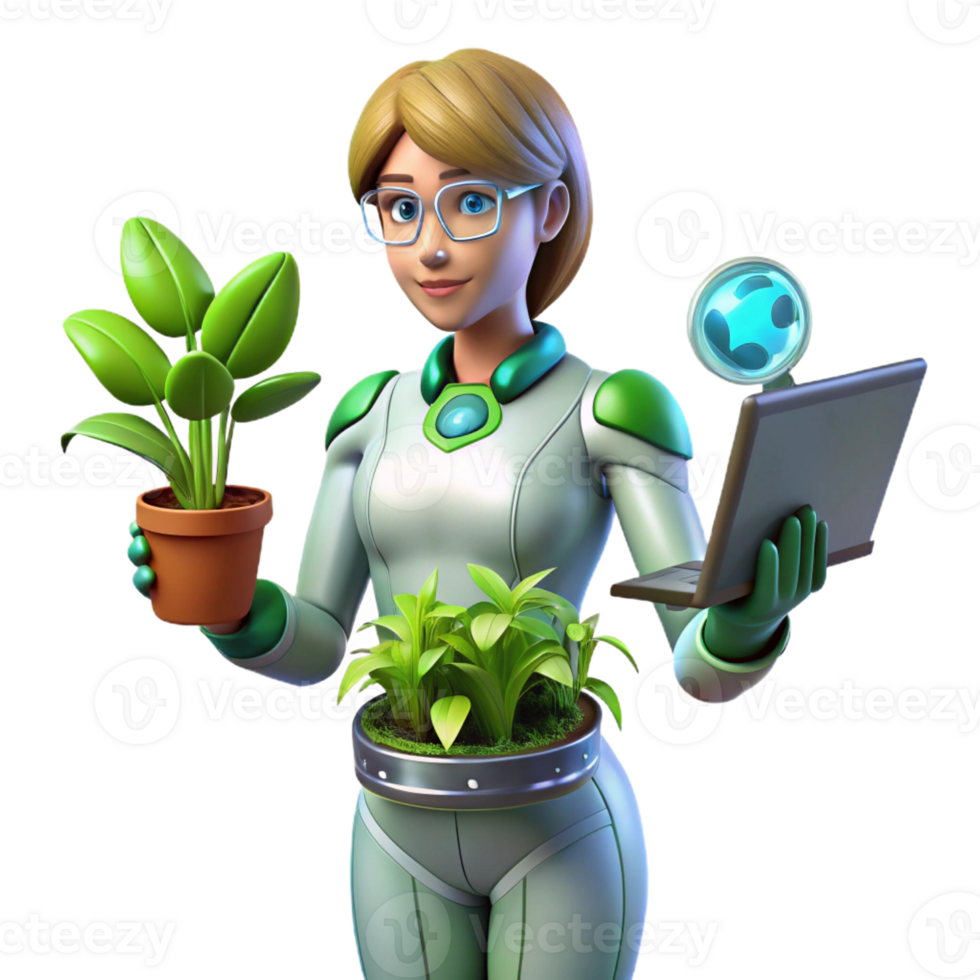 magnificent contemporary 3D Illustration Botanist Woman Green Suit Plants Laptop authentic png