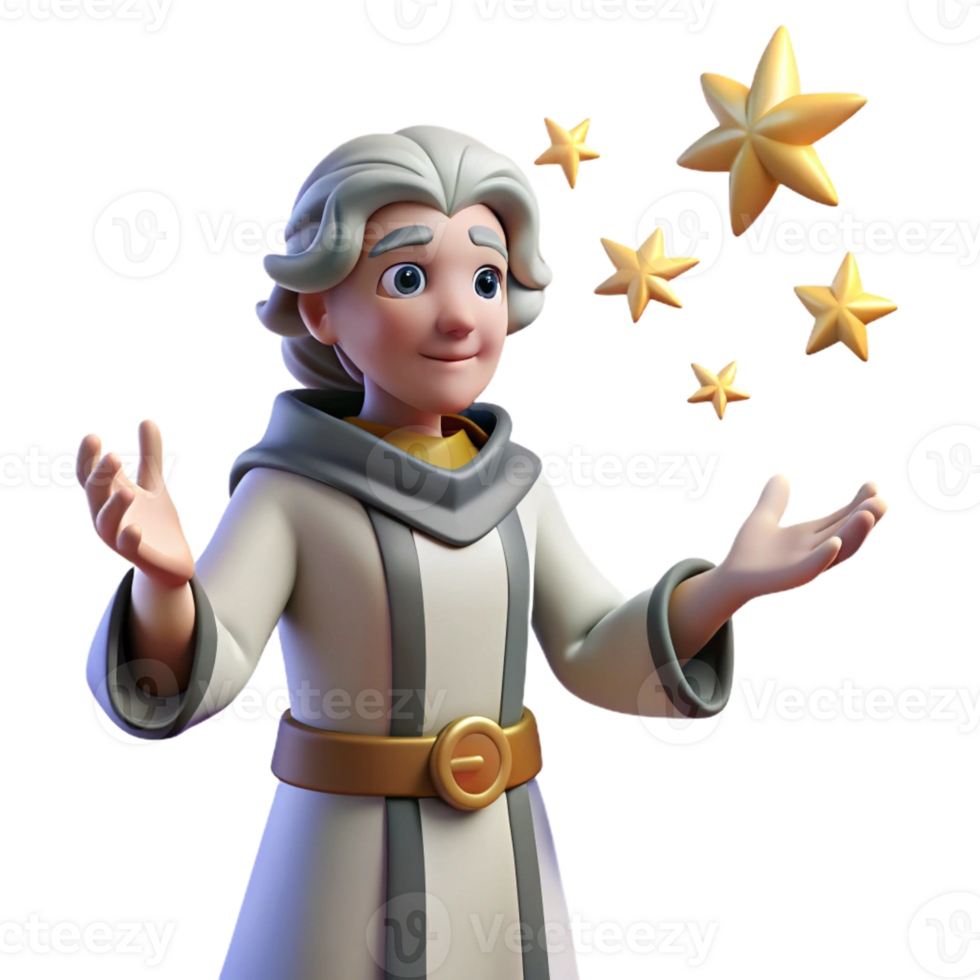 extraordinary traditional 3D Illustration Wise Old Mage with Stars professional png