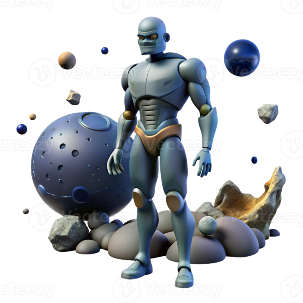 impressive rustic 3D Robot Illustration Space Rocks authentic png