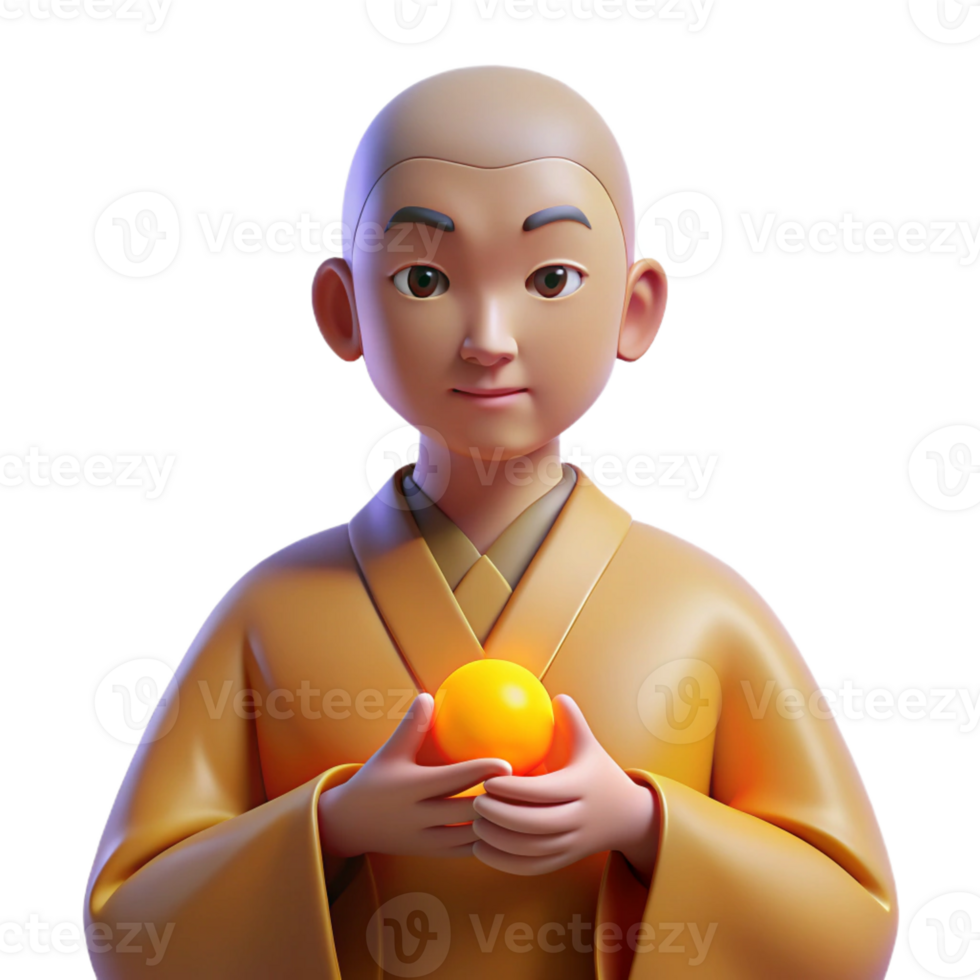 beautiful minimalist 3D Render Young Monk Holding Orb high quality png