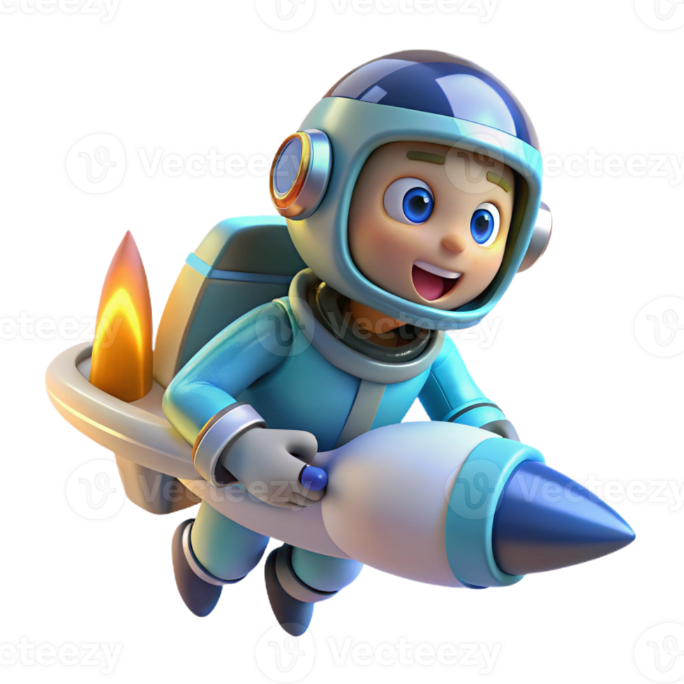 extraordinary creative Joyful Kid Astronaut on Rocket 3D Illustration original png