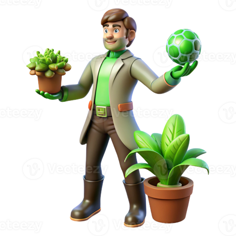 dramatic abstract 3D Illustration Gardener with Plants and Ball premium png