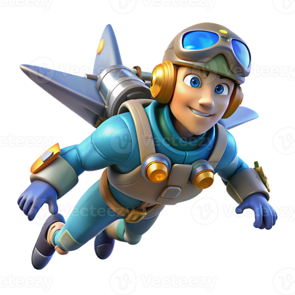 magnificent vintage 3D Render Boy Jetpack Flight detailed png