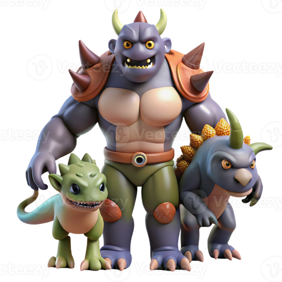 dramatic artistic 3D Monster Illustration Mighty Beast with Two Companions original png