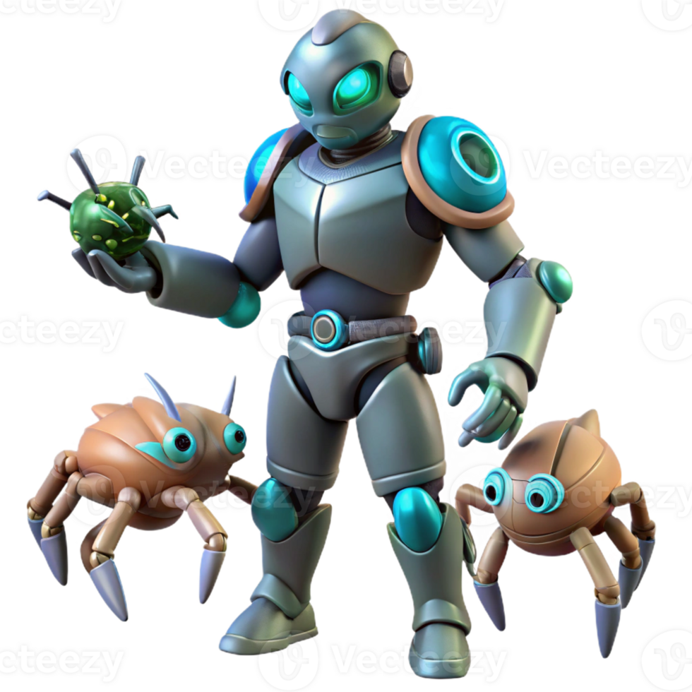 impressive rustic 3D Robot with Bug Friends Illustration premium png