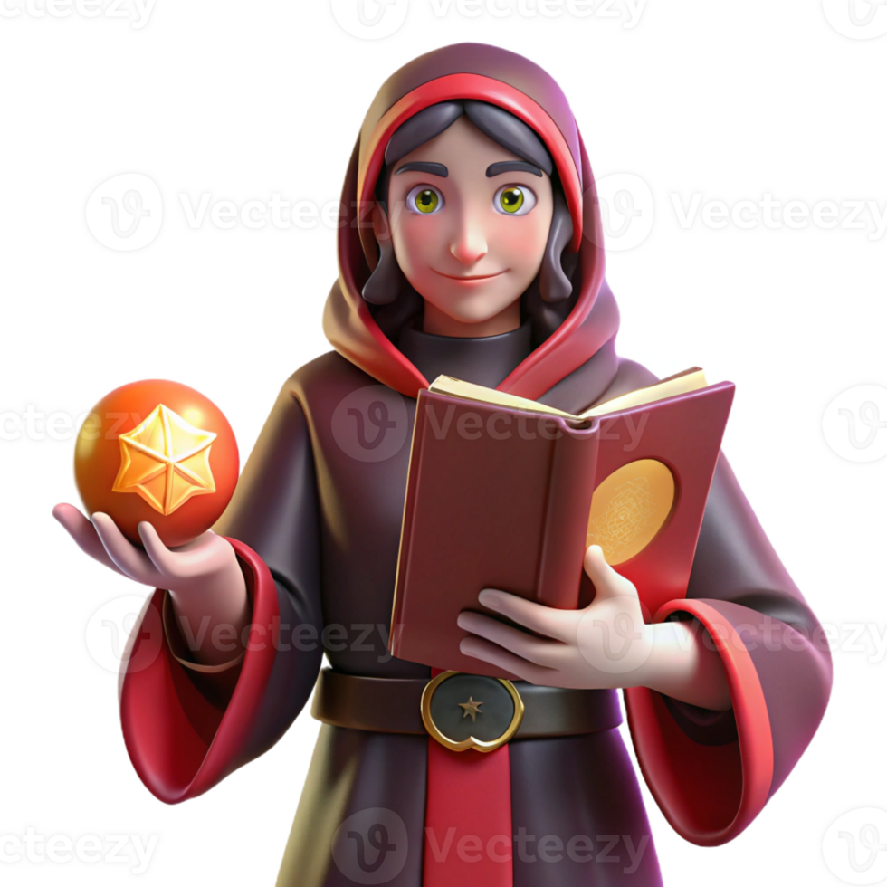 beautiful artistic 3D Render Young Mage with Spellbook and Orb high resolution png