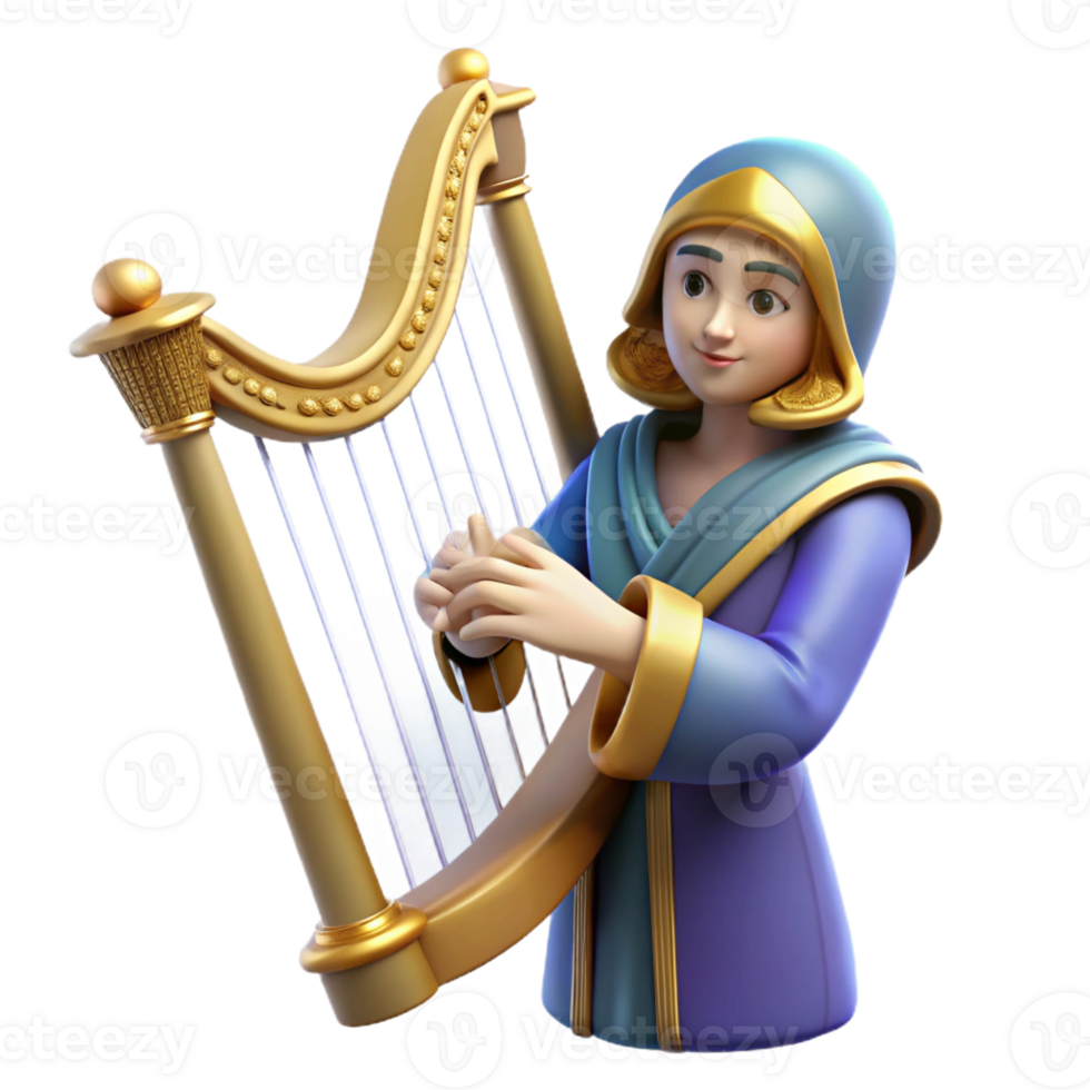stunning classic 3D Render of a Girl Playing a Harp high quality png