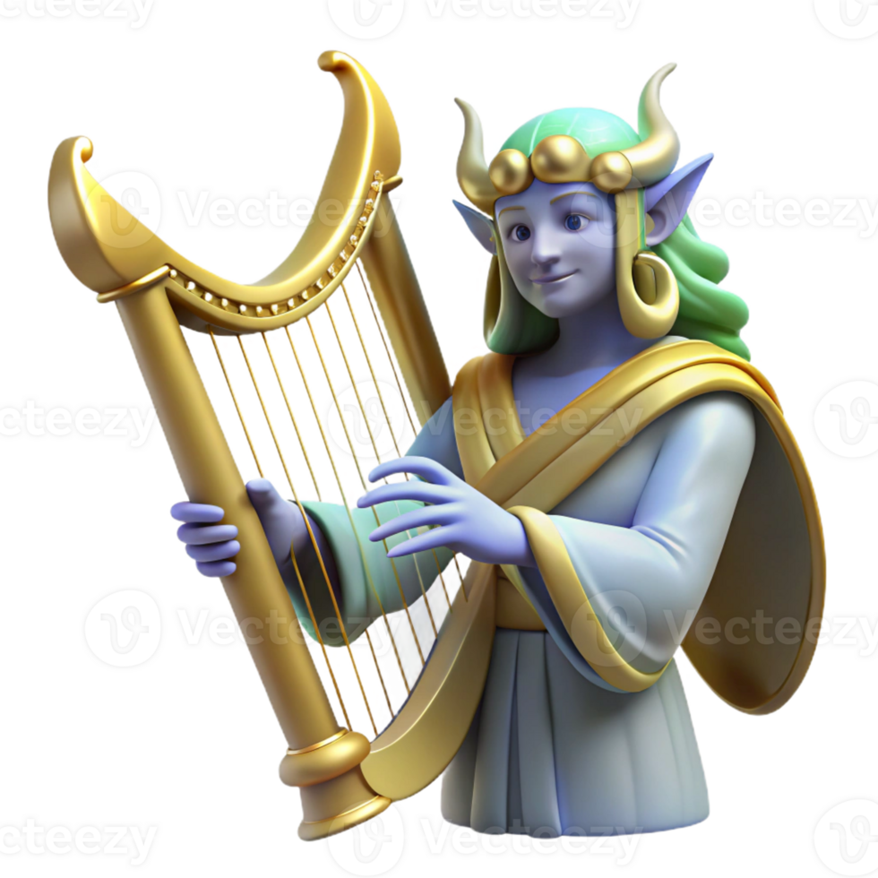 magnificent minimalist 3D Render Fantasy Elf Harp Player premium png