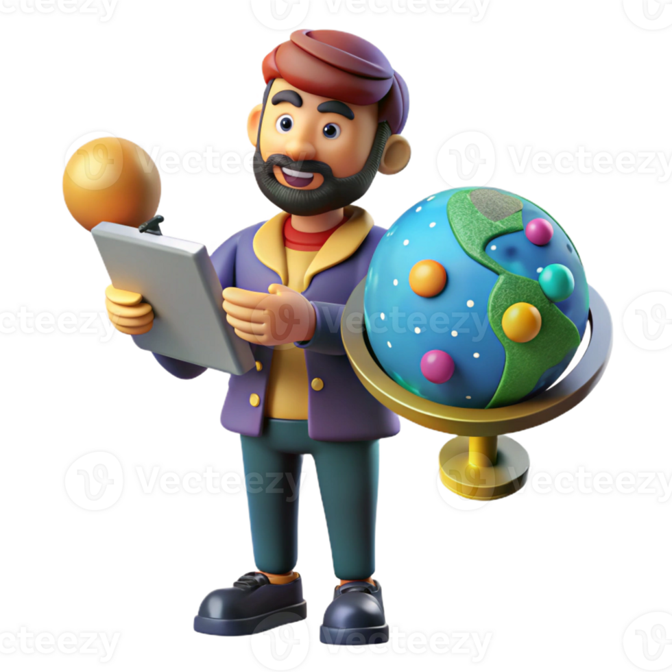 vibrant creative 3D Illustration of a Man Studying the Globe 4K png