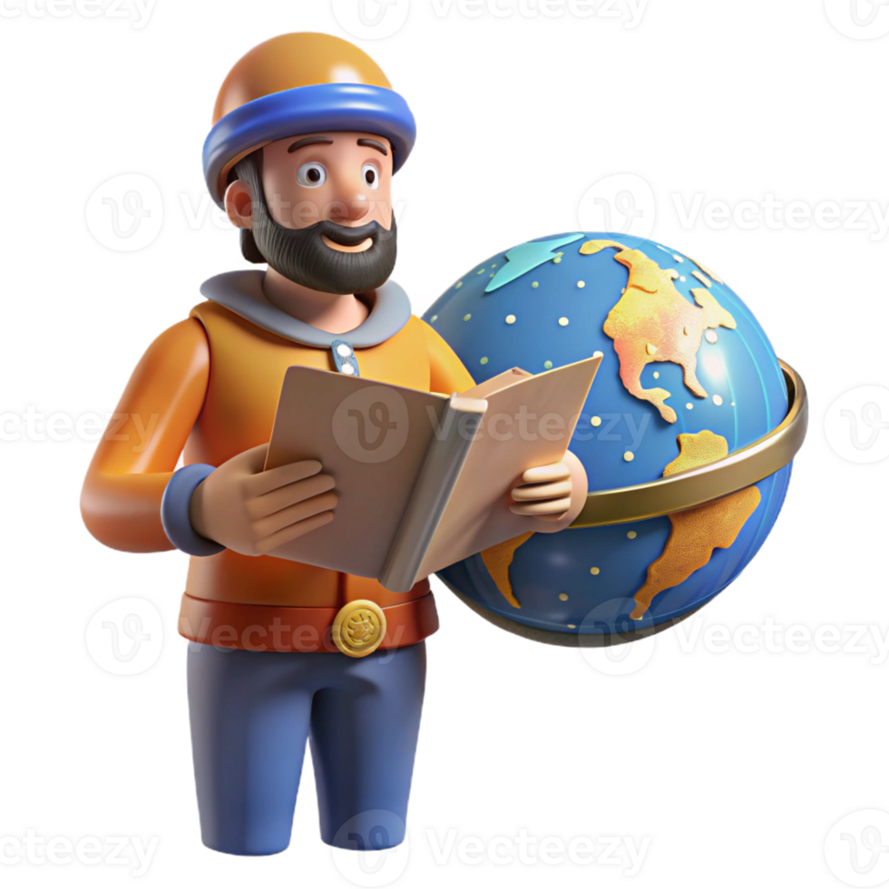 extraordinary abstract 3D Cartoon Explorer Reading a Book near Globe high resolution png