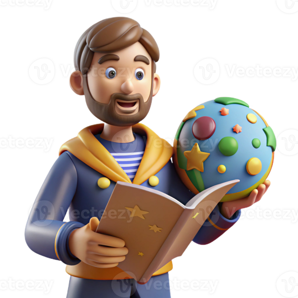 extraordinary rustic 3D Illustration Joyful Man Book Globe authentic png