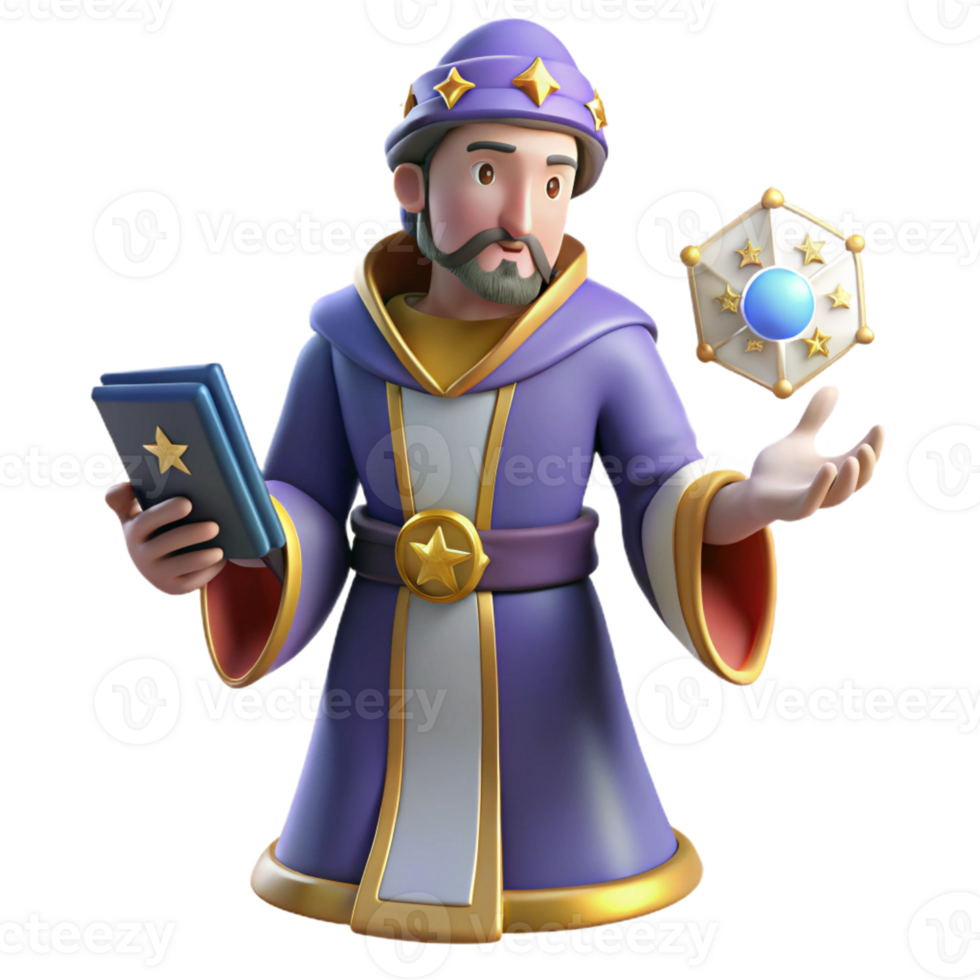 serene rustic 3D Cartoon Wizard Illustration 4K png
