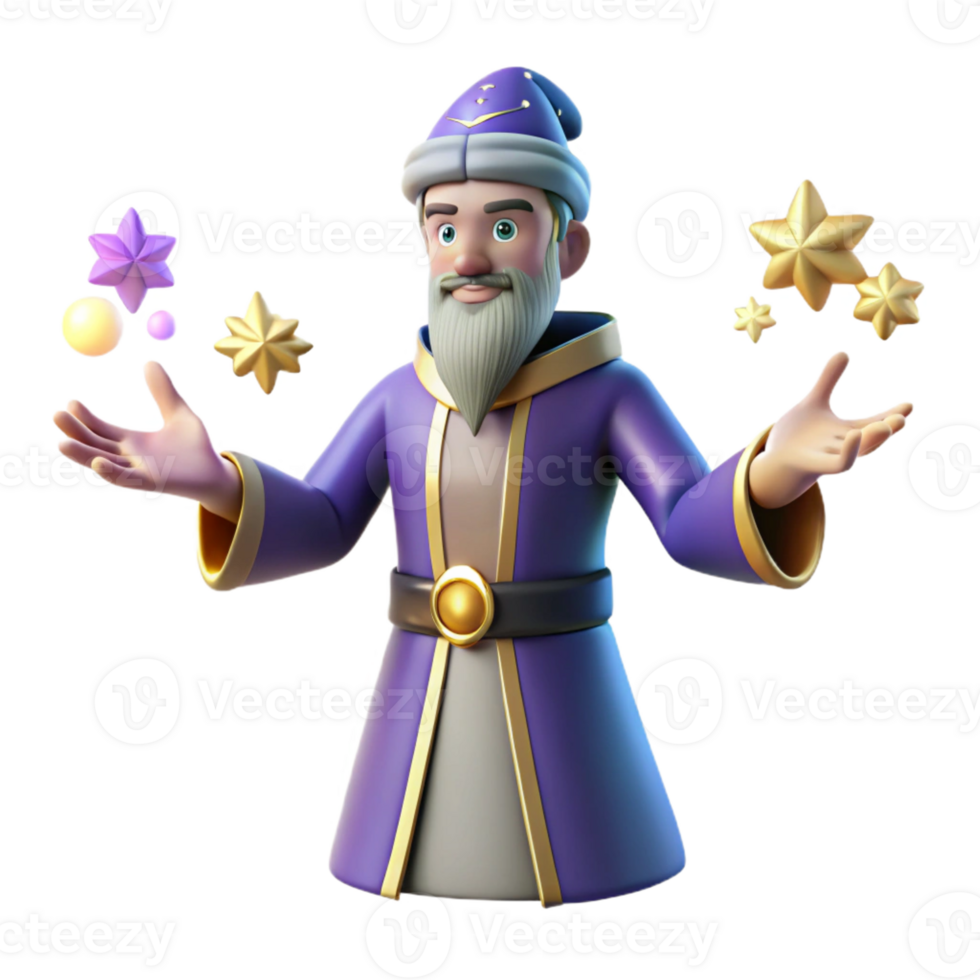 magnificent minimalist Wise Wizard 3D Render, Magical Stars exclusive png