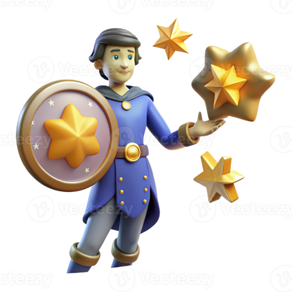 impressive minimalist 3D Illustration A Young Knight and Golden Stars authentic png