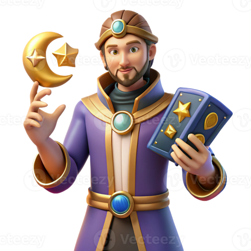 stunning classic 3D Render Wizard with Moon and Stars detailed png