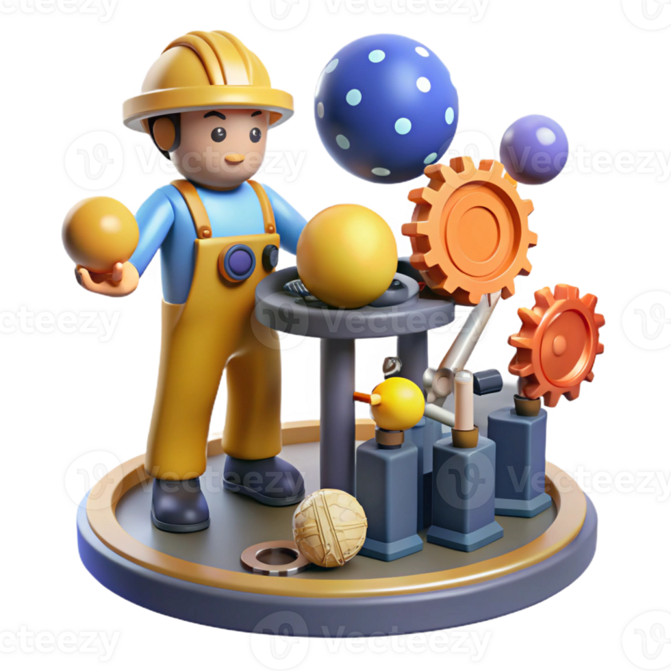 dramatic classic 3D Render of Worker and Planetary Gear System exclusive png