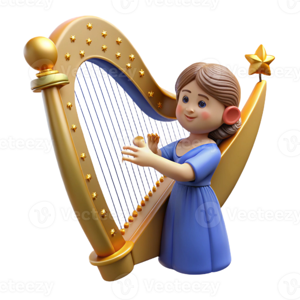 extraordinary creative 3D Render of Girl Playing Golden Harp authentic png