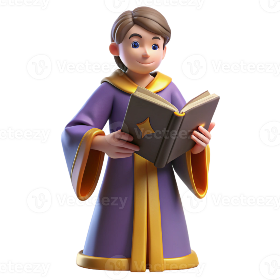 elegant creative 3D Render of a Cartoon Wizard Reading a Book high resolution png