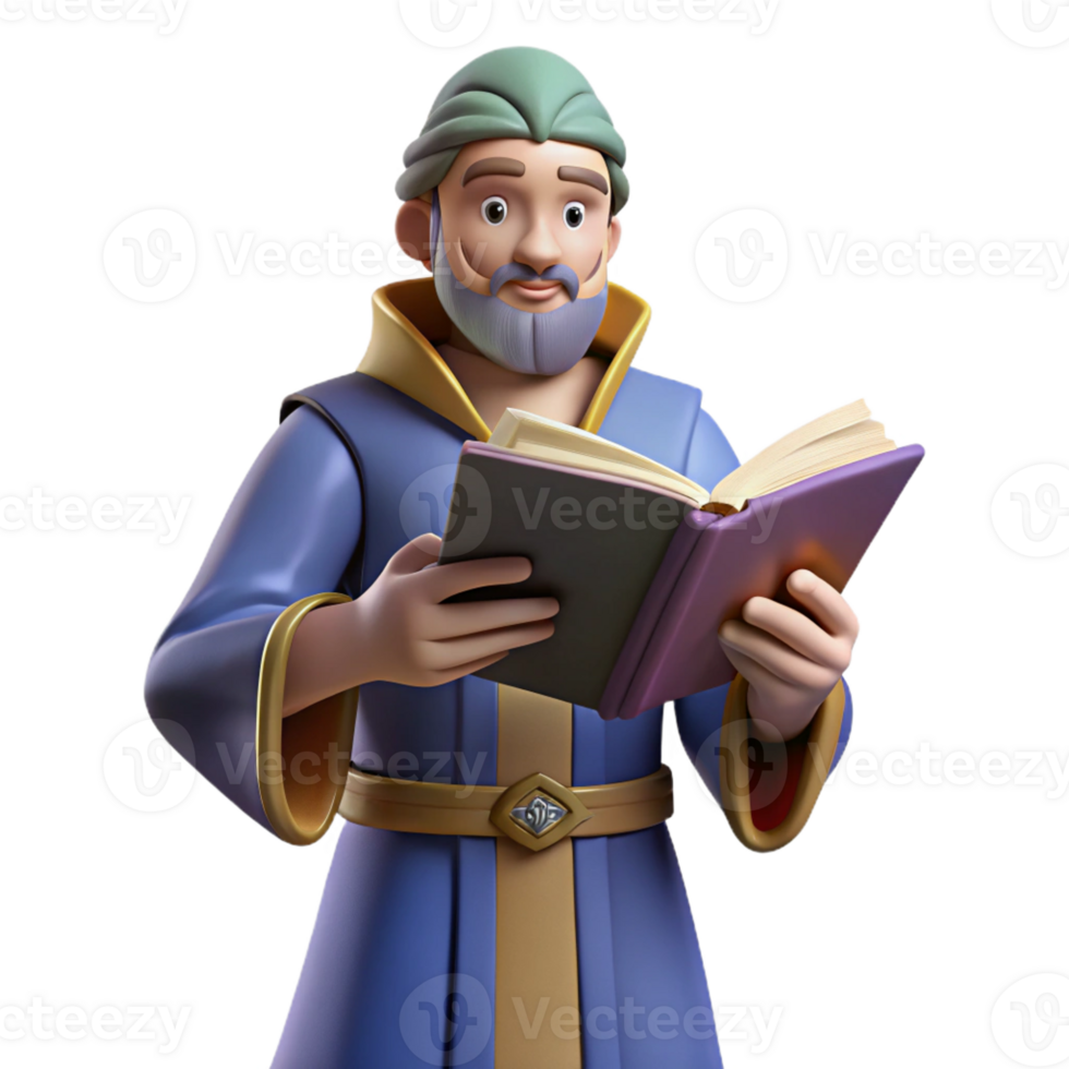 beautiful traditional Wise 3D Cartoon Wizard Reading Book professional png