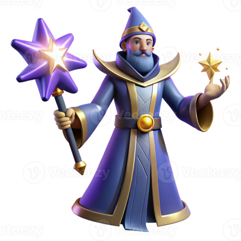 magnificent vintage Wizard 3D Render, Magical Staff and Stars authentic png